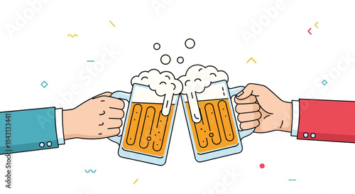 Two businessmen in suits celebrating a successful deal or project by clinking large mugs of beer together in a cheerful toast.