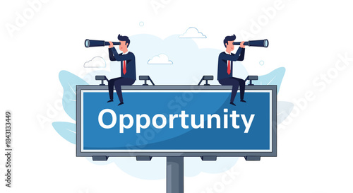 Two businessmen sitting on a large billboard with the word opportunity, looking through telescopes to find new ventures.
