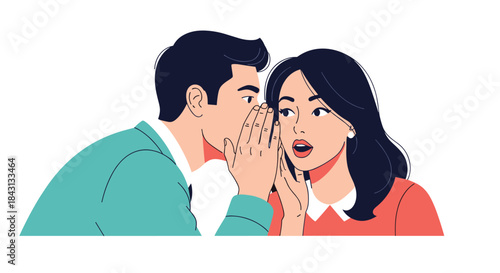 Man in a suit whispering a secret into a surprised woman's ear, illustrating the concept of office gossip and rumors.