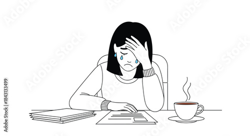 Sad and stressed woman crying at her office desk due to overwork, burnout, or receiving bad news in a document.