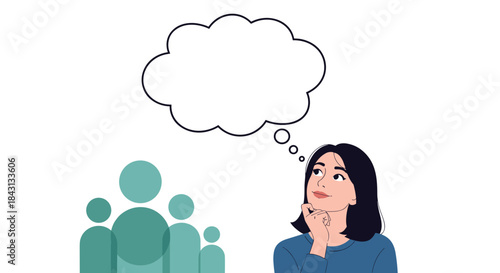 Thoughtful woman looking up with a blank thought bubble, contemplating ideas about her team, social network, or community.