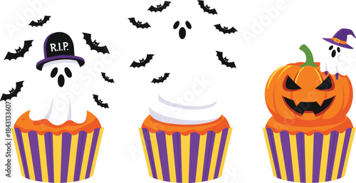 Festive vector illustration set of three Halloween cupcakes topped with ghosts, bats, and a spooky pumpkin jack-o'-lantern for party flyers and holiday decorations.