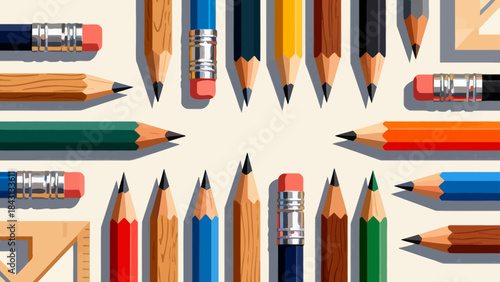 This illustration displays a diverse collection of wooden pencils in different colors and designs, representing stationery tools for writing, drawing, and artistic work.