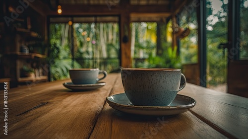 Two rustic ceramic cups rest on a wooden table with a lush tropical view outdoors