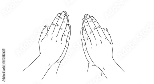 Simple line art illustration of two hands pressed together in a gesture of prayer, worship, pleading, or gratitude on white.