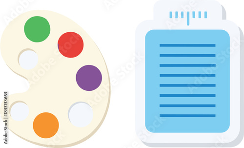 Flat design vector icon set featuring an artist's color palette with primary and secondary colors and a clipboard with a ruler for art, design, education, and creative concepts.Flat design vector icon