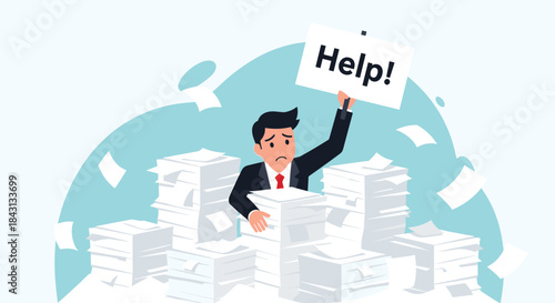 Overworked businessman drowning in a large pile of paperwork and holding up a sign that says help, concept of burnout.