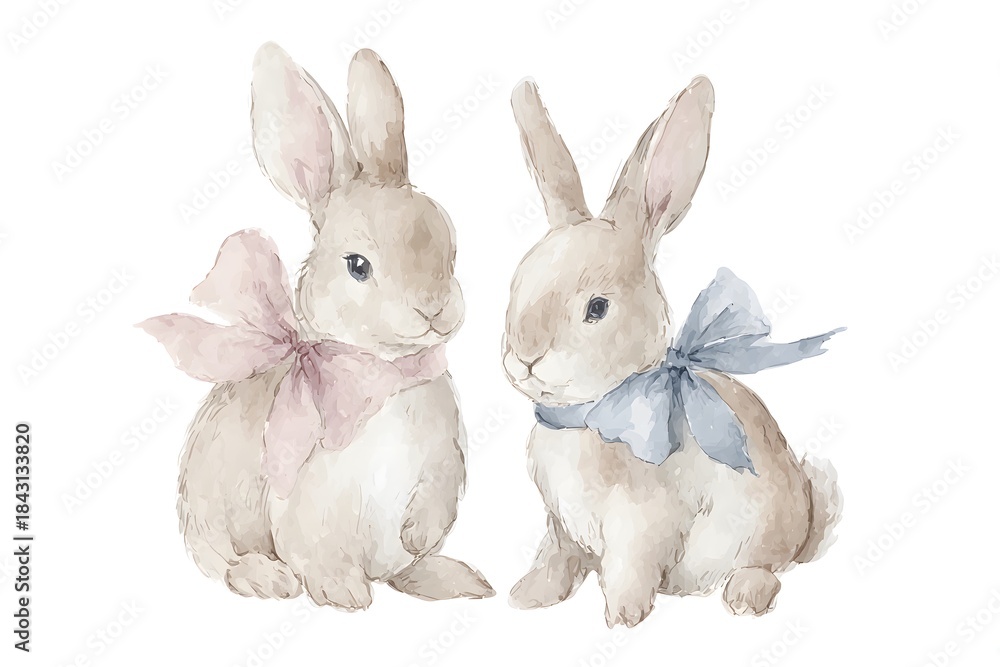 Obraz premium A watercolor illustration features two cute bunnies on a plain background.