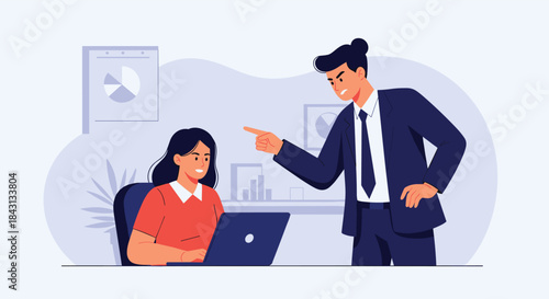 Angry male boss yelling and pointing at a female employee in the office, depicting workplace conflict, bullying, or harassment.