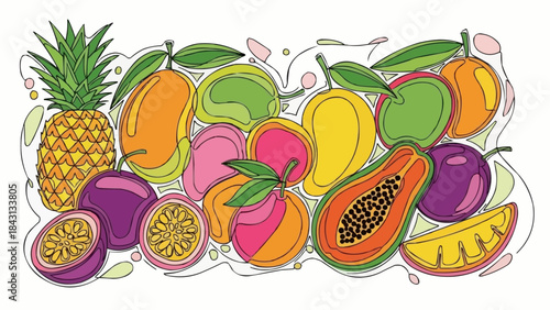 Vibrant Assortment of Exotic Tropical Fruits Artistically Illustrated.