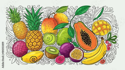 Vibrant Assortment of Exotic Tropical Fruits Displayed Together.