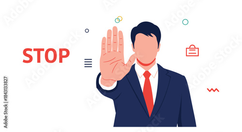 Businessman making a stop gesture with his open palm to signal refusal, rejection, or to halt a process or action.