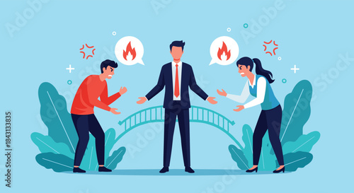 Business mediator standing between an angry man and woman to resolve a conflict and find a compromise in a dispute.