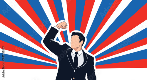 Powerful businessman raising a clenched fist in a protest or victory gesture against a patriotic red, white, and blue background.