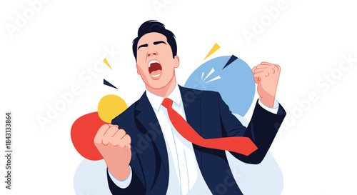 Excited businessman celebrating a major success or victory by shouting with joy and clenching his fists in triumph.