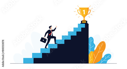 Ambitious businessman with a briefcase climbing the stairs of success to reach a golden trophy, symbolizing career growth.