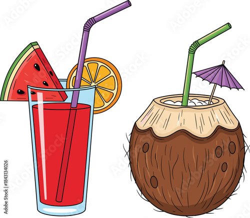 Hand-drawn vector illustration set of tropical summer drinks including a refreshing watermelon juice with orange slice and a coconut with umbrella and straw.Hand-drawn vector illustration set of tropi