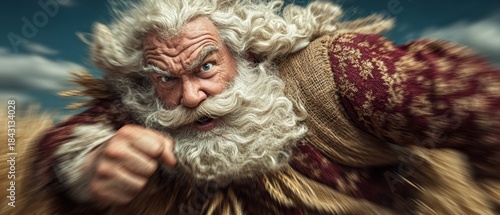 A merry wheatland: santa's holiday harvest adventure. Surreal composition. The joyful farmer: santa offers christmas wishes amidst golden grains. Unusual perspectives.