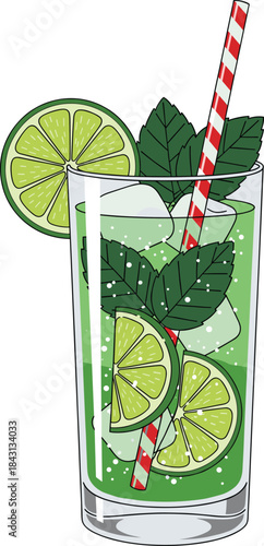 Hand-drawn vector illustration of a refreshing Mojito cocktail in a tall glass, filled with ice, mint leaves, lime slices, and a striped straw for summer drink concepts.Hand-drawn vector illustration 