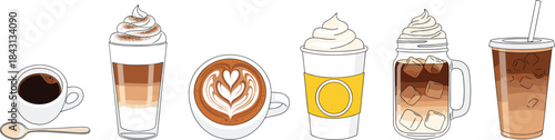 Hand-drawn vector illustration set of various coffee drinks including espresso, latte, cappuccino, and cold brew for cafe menus, posters, and web design.Hand-drawn vector illustration set of various c
