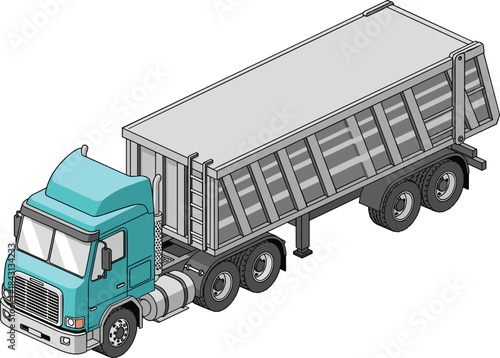 Isometric vector illustration of turquoise semi-truck with gray dump trailer for construction, mining, bulk material transport, and industrial logistics.