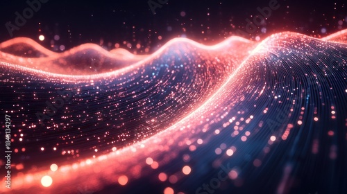 Abstract glowing waves, digital data flow, dark background, technology concept