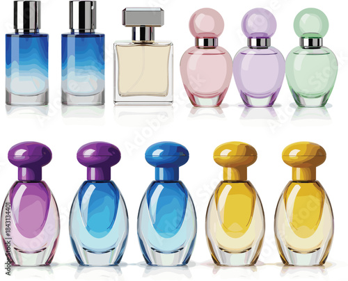 High-quality realistic vector illustration set of luxurious perfume bottles in various shapes and vibrant colors for beauty, fashion, cosmetic, and fragrance branding.High-quality realistic vector ill