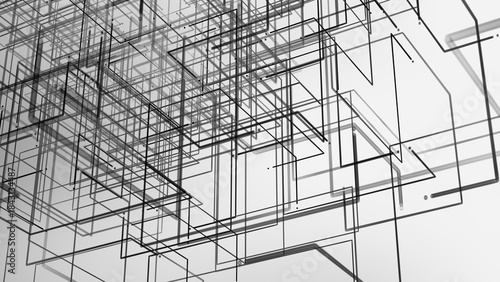 Futuristic visualization with abstract geometric shapes, overlapping squares, lines