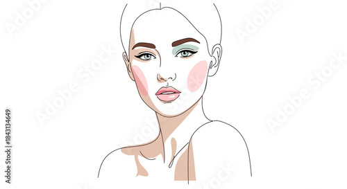 Elegant woman face with makeup in minimalist linear art style portrait drawing