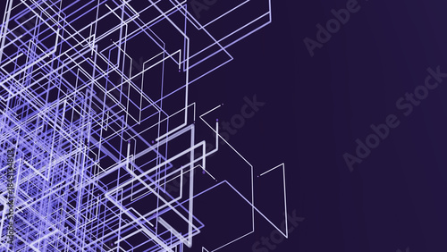 3D render design featuring complex network of geometric shapes and glowing lines