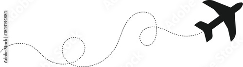 Airplane line path vector icon and blank for text. Air plane flight route with line trace isolated on transparent background.