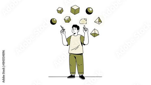 Illustration of a man juggling shapes representing ideas and concepts visually