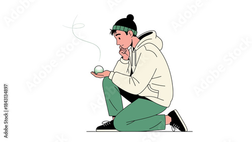 Man Contemplating a Glowing Orb in Minimalist Style on a White Background