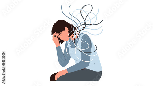 Illustration of a woman with signs of stress or mental health challenges on white background.