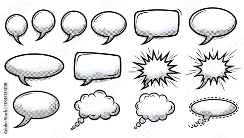 Set of various hand-drawn speech and thought bubbles with comic book style sound effects like 'boom' and 'pow'