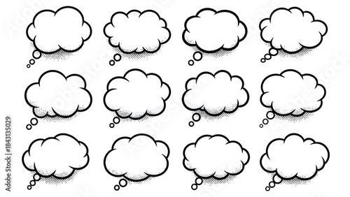 Set of twelve blank thought bubbles or speech bubbles for communication or ideas
