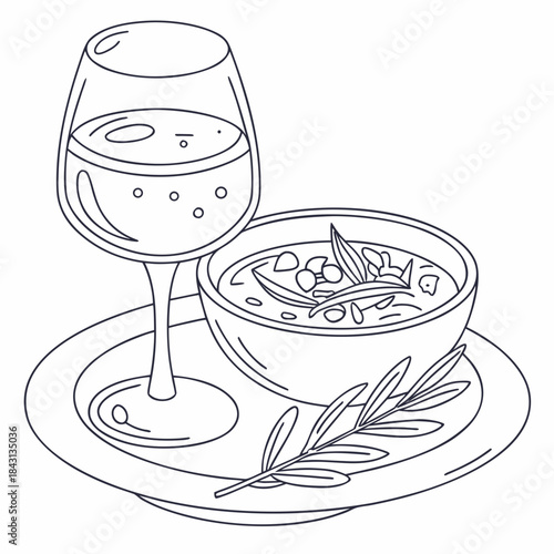 A minimalist line drawing of a glass of white wine next to a bowl of hearty soup garnished with rosemary and olives on a plate