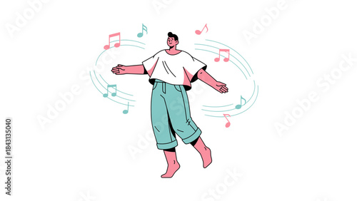 Illustration of a person with open arms surrounded by musical notes celebrating music and dance