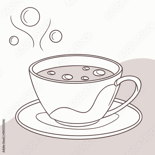 A cozy illustration of a steaming cup of coffee or hot chocolate on a saucer with gentle bubbles rising
