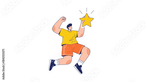 Illustration of a happy person holding a star representing success and achievement isolated on white