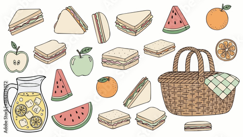 Picnic Basket Filled with Sandwiches Fruits and Lemonade.