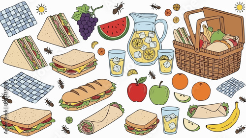 Picnic food and drinks with ants and flies.