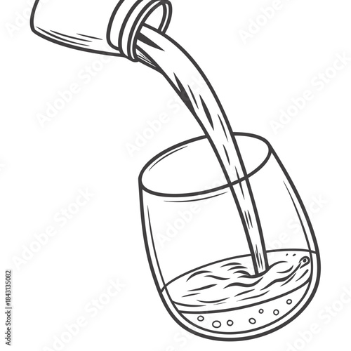 A simple line drawing illustration of a dark liquid being poured from a bottle into a clear glass with bubbles