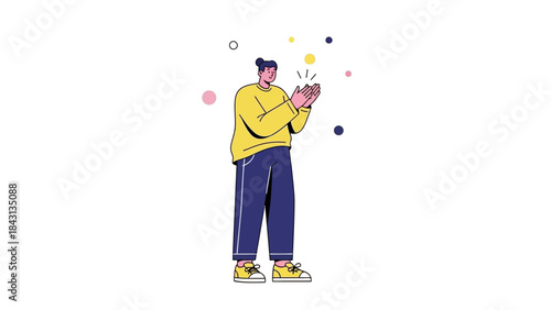 Illustration of a person clapping with colorful circles around them on a white background