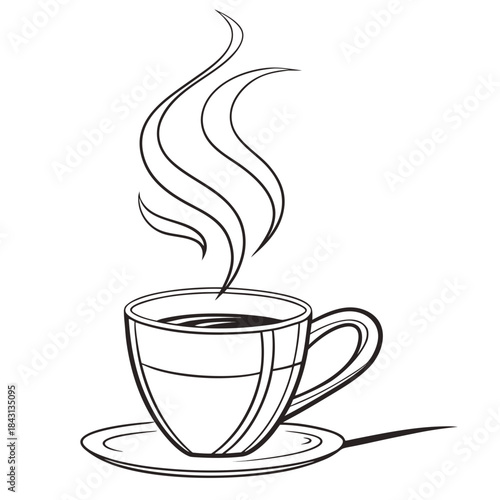 A simple black and white line drawing illustration of a hot cup of coffee with steam rising elegantly from the beverage