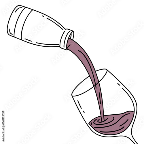 Hand drawn illustration of red wine being poured from a bottle into a clear wine glass with a white background