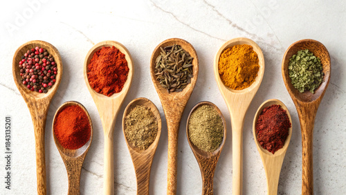 Wooden spoons with colorful spices