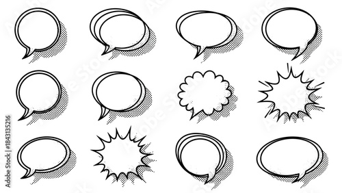 Variety of expressive hand-drawn speech bubbles and thought clouds with a playful cartoon aesthetic, ideal for chat and dialogue graphics and communication design elements