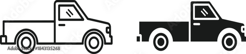 Pickup truck vector illustration in black and white styles, showcasing side-by-side silhouette and outline design for automotive graphic content.