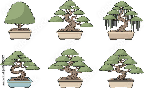 Stylized bonsai tree collection in decorative pots showcasing diverse pruning styles, artistic foliage shapes, and traditional Japanese miniature gardening aesthetics.